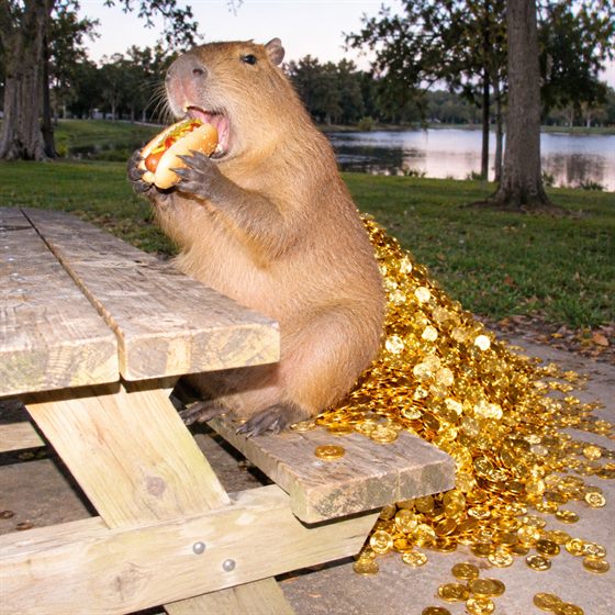 A capybara eating a hot dog at a picnic table with gold coins spilling out behind it