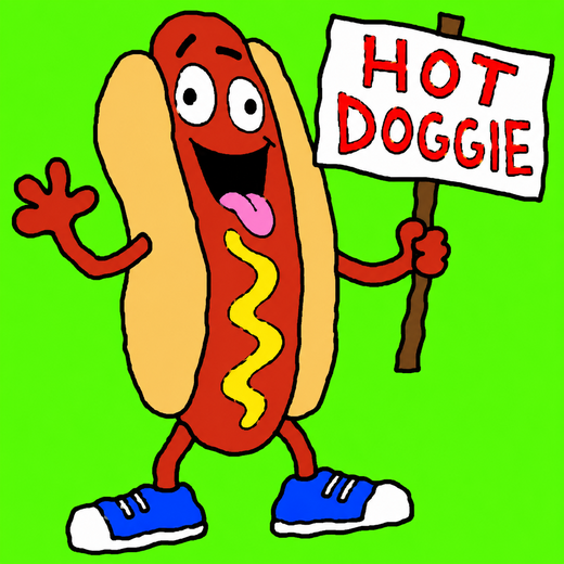 A badly drawn hot dog mascot holding a sign