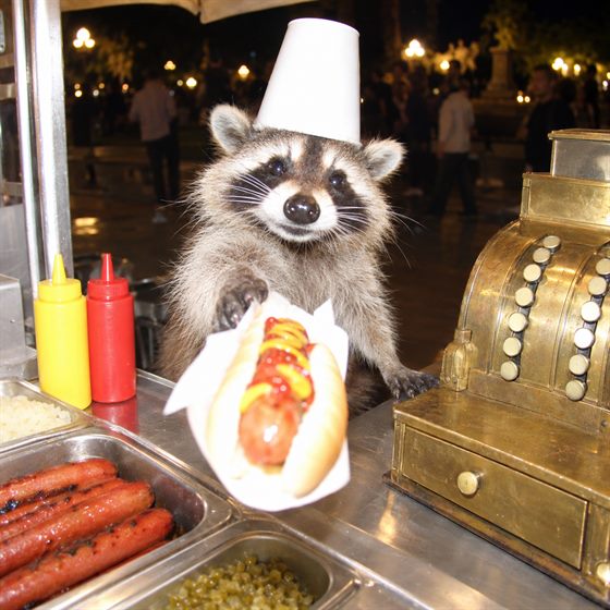 A raccoon in a paper cup hat handing you a hot dog from behind a cart